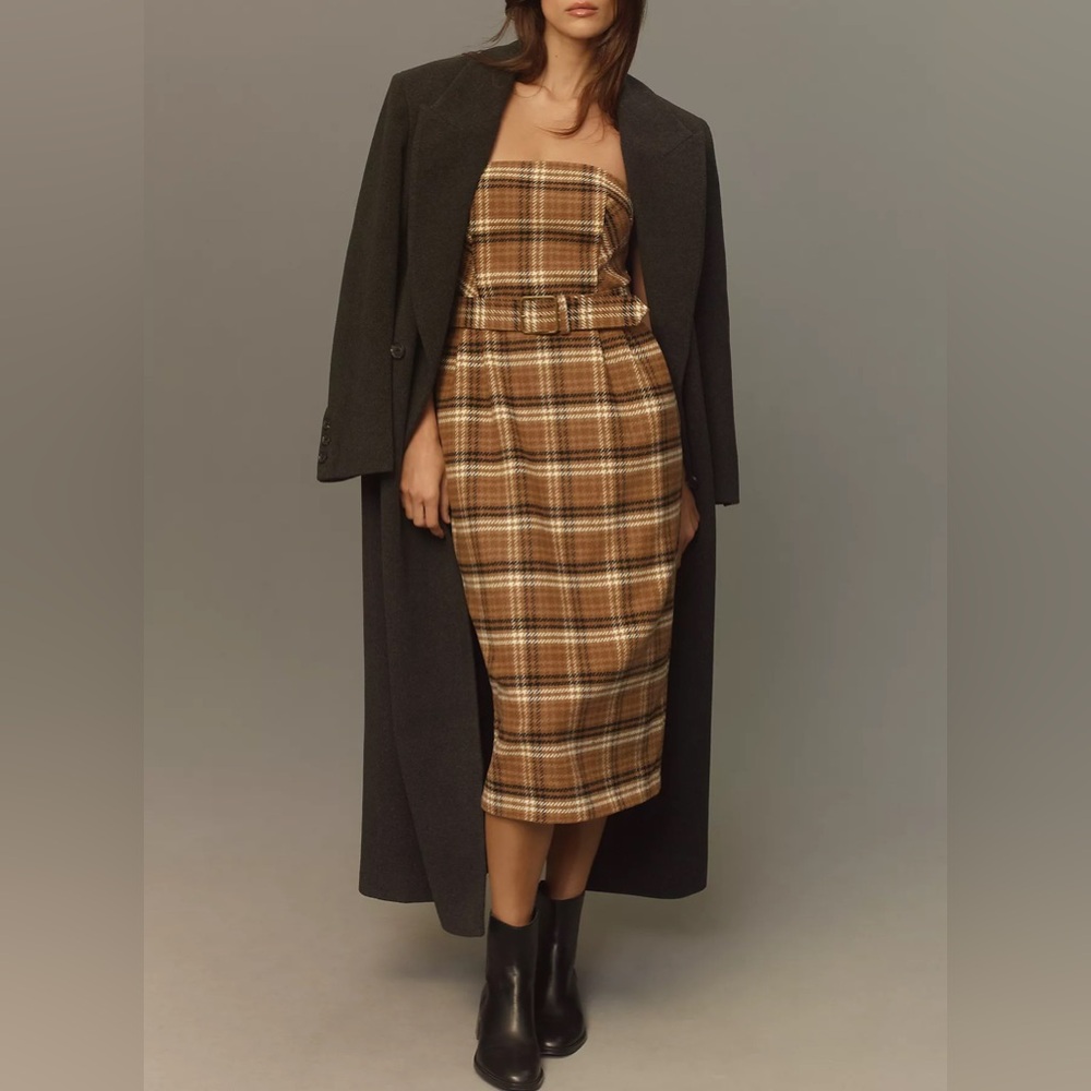 Anthropologie Strapless Belted Midi Dress Plaid Print